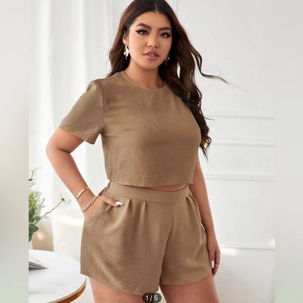 Worn once tan two-piece set crop top and shorts